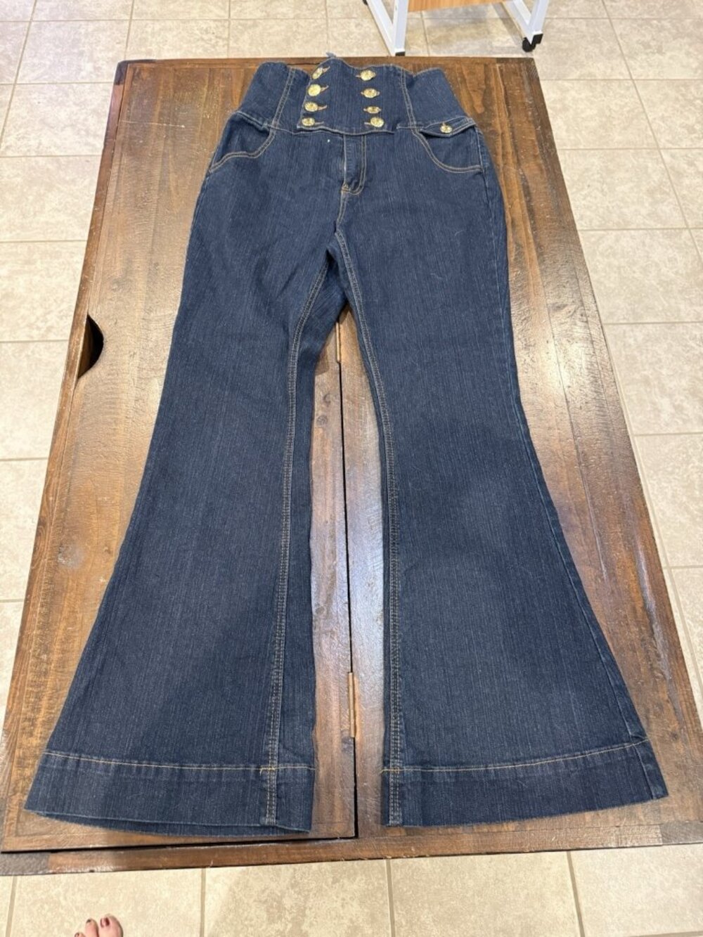 Sapphire Red Women's Sailor Flare Corset Waist Gold Button  Size 11/12 Jeans EUC